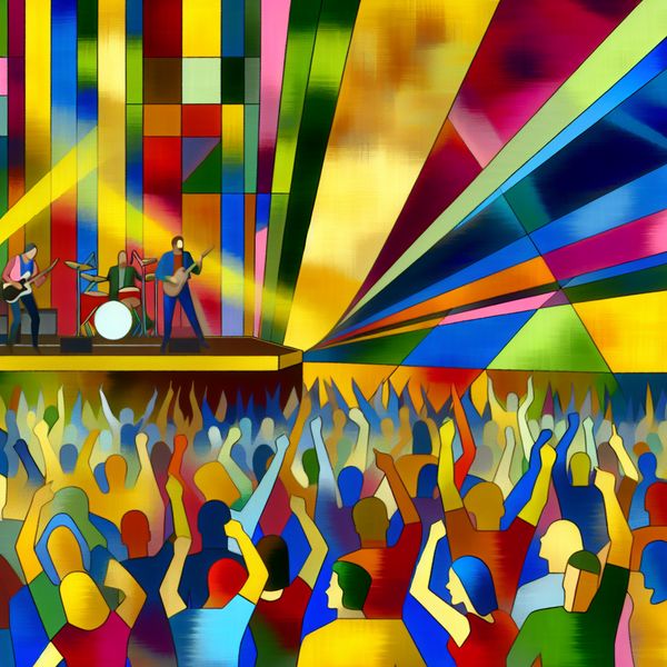 Vibrant Concert Celebration with Energetic Crowd Diverse menigte genietend van een levendig concert met enthousiaste concertgangers die springen en hun handen in de lucht houden.