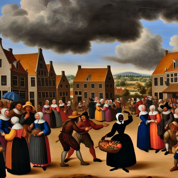 Een levendig dorpsplein op een zonnige dag met mensen die genieten, terwijl donkere wolken in de achtergrond dreigen met een storm.