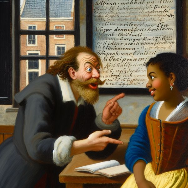 Vriendelijk gesprek in een Europees café Een man en woman in een Europees café praten over het menu, met de naam van het café op een krijtbord op de achtergrond.
