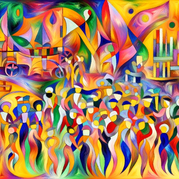 Abstracte interpretatie van een feestelijke scene met kleurrijke, speelse figuren die vreugde en opwinding uitstralen.