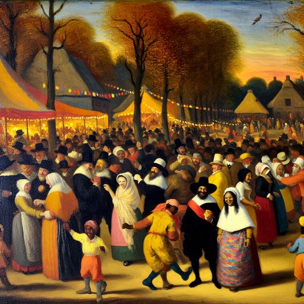 Levendig festival met diverse mensen en kleurrijke sfeer Een levendig festival met een diverse menigte met mensen die dansen, converseren en genieten van muziek en eten onder kleurrijke versieringen.