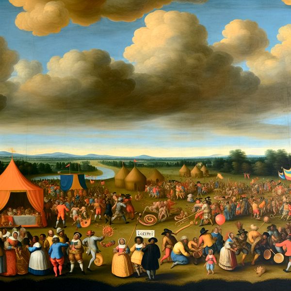 Een levendig festival met diverse mensen die kleurrijke kraampjes en muziekinstrumenten opzetten in een uitgestrekt landschap.