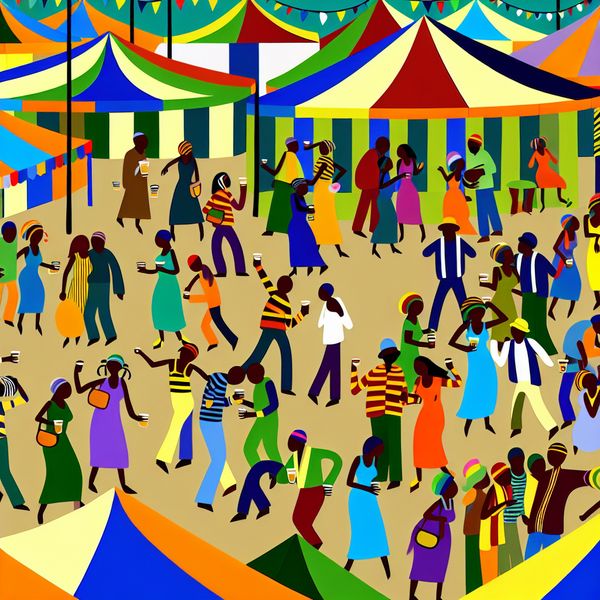 Een levendig festival met een grote, diverse menigte die geniet van muziek en activiteiten.