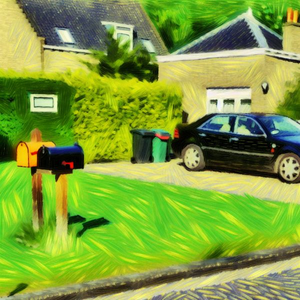 Levende scène met huis en geparkeerde auto op oprit