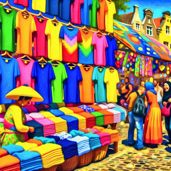 Vibrante Markt Metaal met Katoenen T-shirts in verschillende Kleuren Een levendig buitenscene van een markt met kleurrijke katoenen T-shirts die aan een rek hangen, omringd door mensen die vrolijk winkelen.