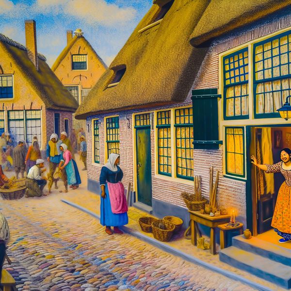 Levendige Nederlandse Dorpscène in Frans Hals Stijl Schilderij van een levendig Nederlands dorpsplein in de stijl van Frans Hals