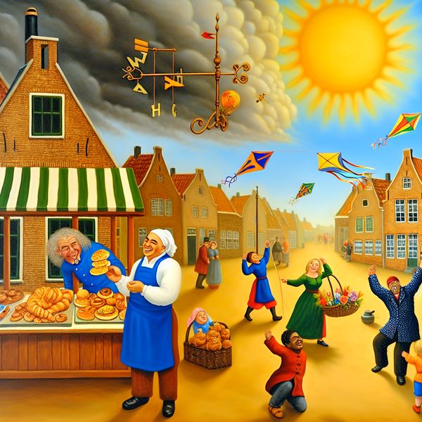Een levendige weergave van een klein Nederlands dorpsplein op een zonnige dag, met een bakker, spelende kinderen en een picknickend paar.