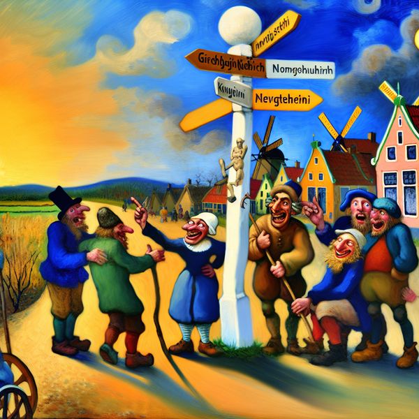 Levendige scène van een Nederlands dorp in het noorden Gezellig dorp in het noorden van Nederland met bewoners die plannen bespreken en een aanwijzingsbord naar het noorden.