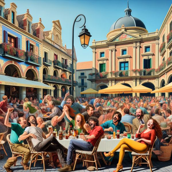 Levendig plein met vrienden in een caféomgeving Een levendige publieke ruimte met vrienden die aan tafels zitten, lachend en genietend van hun drankjes, omringd door cafés en kleurrijke bloemen.