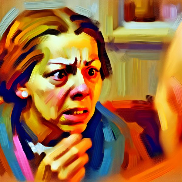 Emotionele Uitdrukking van een Bezorgde Vrouw Portret van een bezorgde vrouw met gefronste wenkbrauwen en bezorgde ogen, die deelneemt aan een gesprek in een intieme setting.