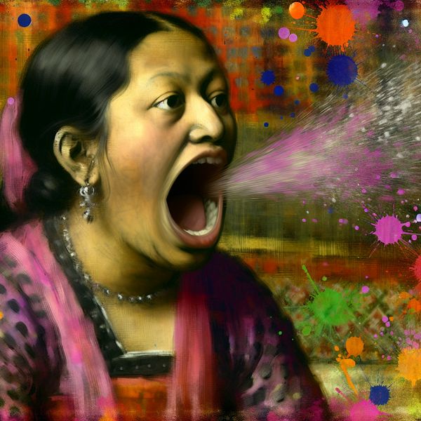 Portret van een persoon met een grote open mond, druk in gesprek, met een levendige achtergrond.
