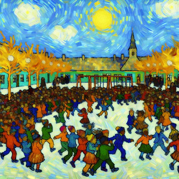 Levendig schoolplein met kinderen die samenkomen Een kleurrijke schoolplein vol kinderen die vrolijk samenkomen na de bel, met een speeltoestellen zoals schommels en glijbanen en een heldere blauwe lucht.