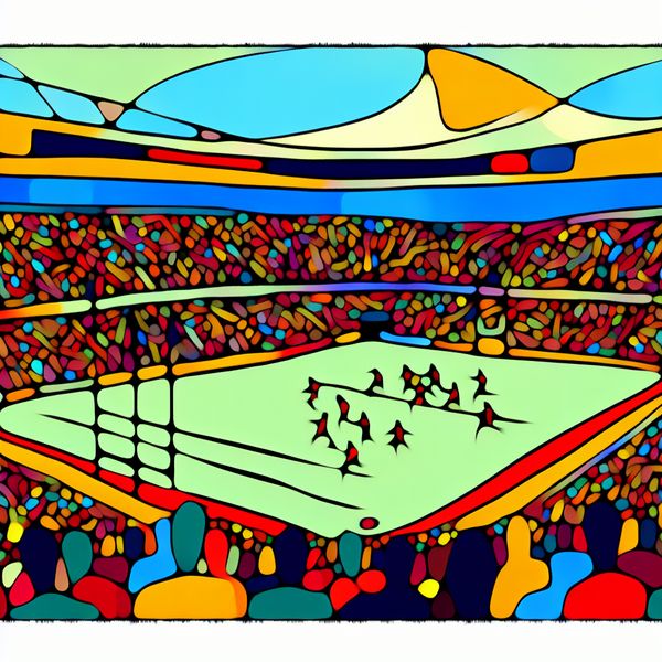 Minimalistische illustratie van een levendig stadion vol enthousiaste fans tijdens een voetbalwedstrijd.