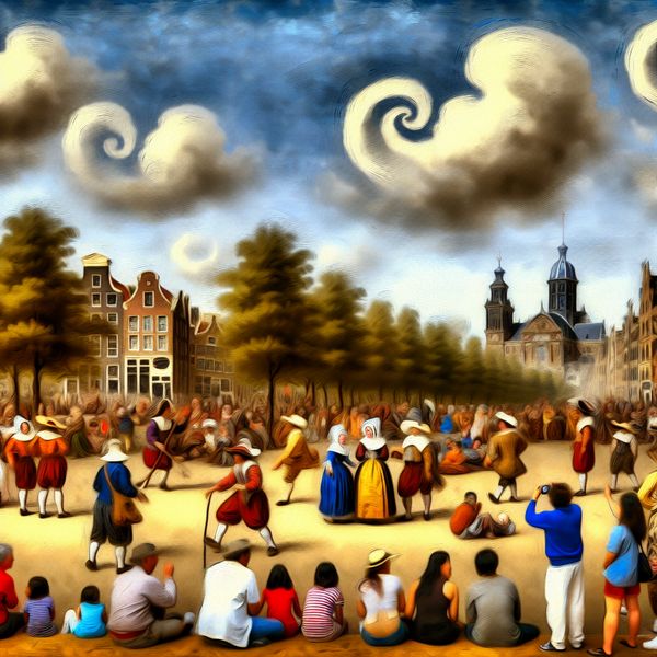 Een levendig stadslandschap met groepen toeristen en iconische bezienswaardigheden onder een dramatische lucht.