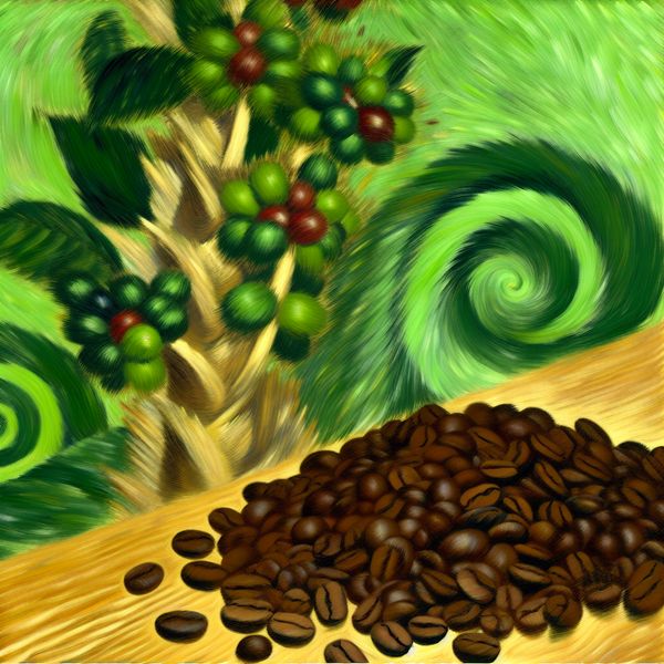 Vibrant Still-Life van Koffiebonen en Koffieplanten Een levendig stillleven met verse koffiebonen verspreid over een houten tafel.