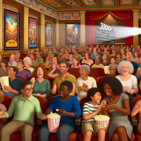 Theaterpubliek Bereidt Zich Voor op Filmvertoning Een diverse menigte in een levendige theateromgeving, wachtend op de filmstart met een clapperboard als decor.