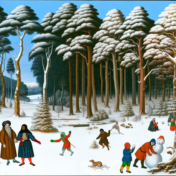 Een levendig winterlandschap met een dicht bos vol met hoge, met sneeuw bedekte bomen, waar kleine figuren verschillende activiteiten uitvoeren zoals wandelen, een sneeuwman maken en een sneeuwballengevecht houden.