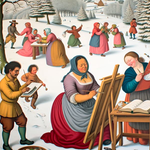 Levendig winterlandschap met mensen die creatief bezig zijn Winterlandschap waarin mensen buiten verschillende activiteiten uitvoeren, zoals schilderen en leren uit een boek, met een sneeuwbedekte omgeving en blije kinderen.