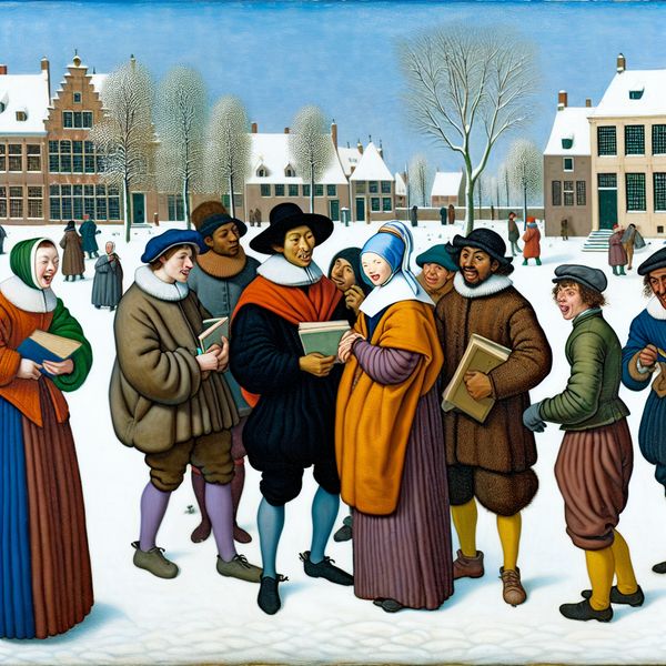 Levendig winterlandschap met jongeren in gesprek Een levendig winterlandschap met jongeren in een openbare ruimte die praten en plannen bespreken met boeken en schetsen.