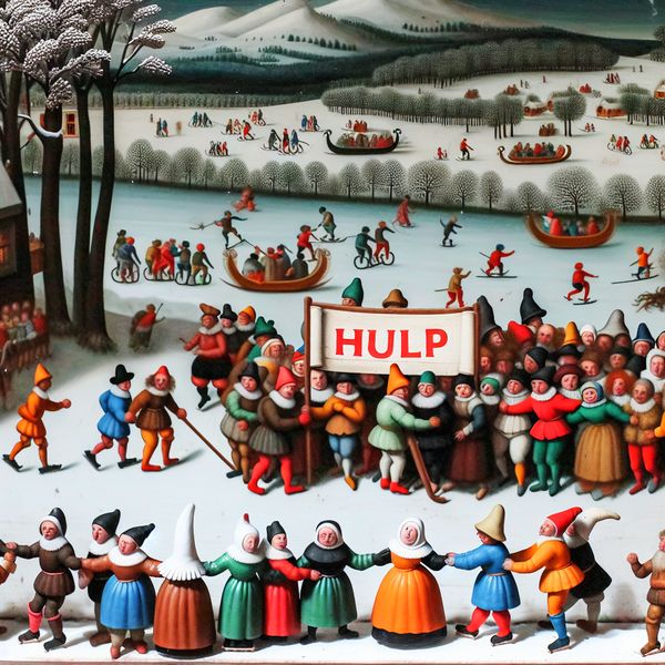 Levendig Winterlandschap met Samenwerking en Hulp Een levendig winterlandschap met mensen die een banner dragen en anderen die samenwerken, geschilderd in de stijl van Hendrick Avercamp.