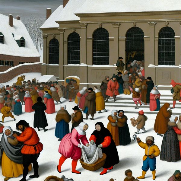 Sfeervolle winterse bijeenkomst na concert in de stijl van Avercamp Lively winter landscape with figures and a concert hall
