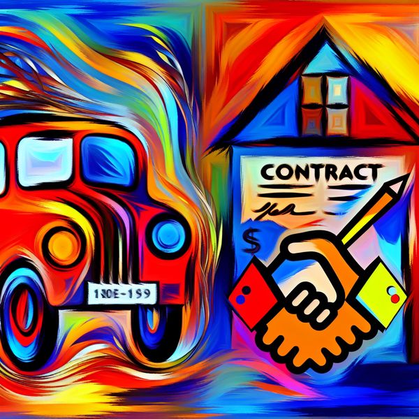 Kleurige Abstracte Illustratie van Auto Verhuur en Huurcontract Vibrant abstract illustration of a bold car with a price tag for a one-week rental, alongside a whimsical house with cartoonish elements symbolizing a rental agreement.