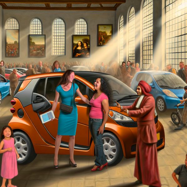 Een echtpaar bekijkt een milieuvriendelijke auto in een levendige autodealer, met een enthousiaste verkoper die de kenmerken aanwijst.