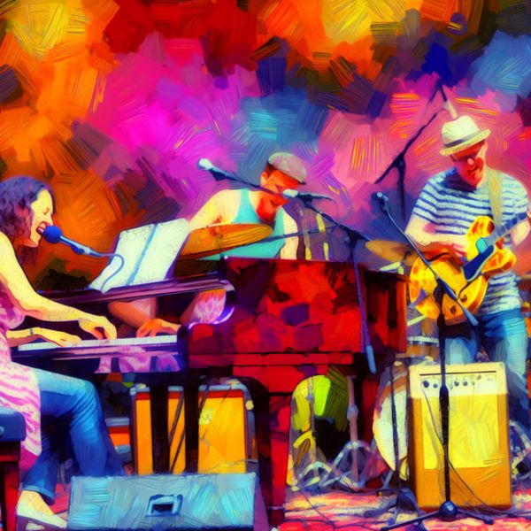 Lively Band Performance on Colorful Stage Vibrante band die op een kleurrijk podium speelt met verschillende muziekinstrumenten.