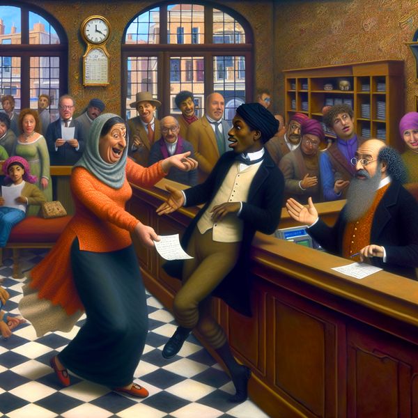 Lieve en humoristische bankscene met actieve klanten Een levendige bankomgeving met een persoon die zijn rekeningnummer overhandigt aan een verbouwereerde bankmedewerker, terwijl kinderen en klanten om hen heen kijken.