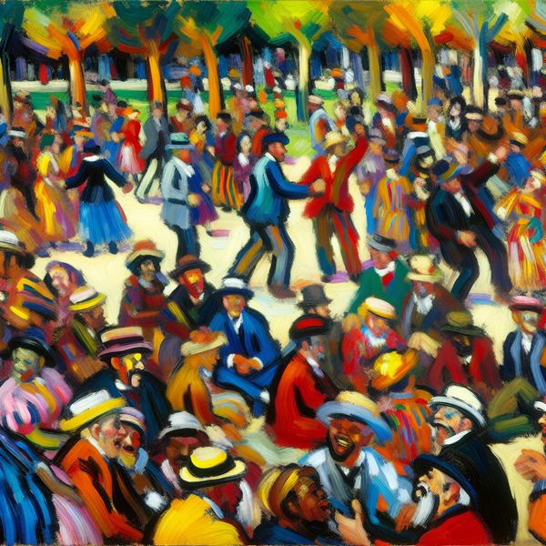 Vibrante Abstracte Beeld van Vriendschap in het Park Abstract expressionistische afbeelding van een levendige bijeenkomst in een park, met mensen die enthousiast met elkaar omgaan en overladen zijn met vriendelijkheid.