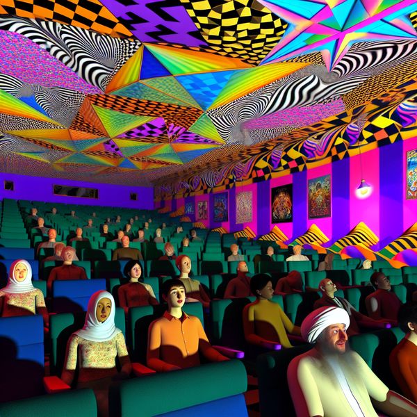 Kleurrijke bioscoopervaring vol plezier en verwondering Een levendige en kleurrijke bioscoop met mensen die genieten van een film, met geometrische vormen en optische illusies