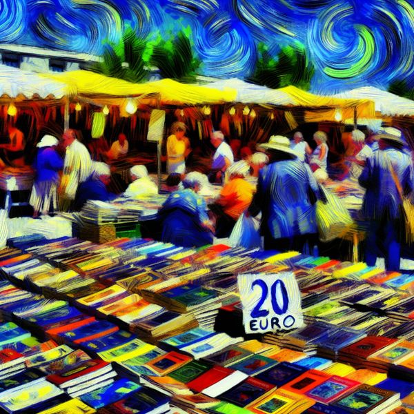 Een levendige marktscène met kleurige boekenstallen en een prijslabel van 20 euro.