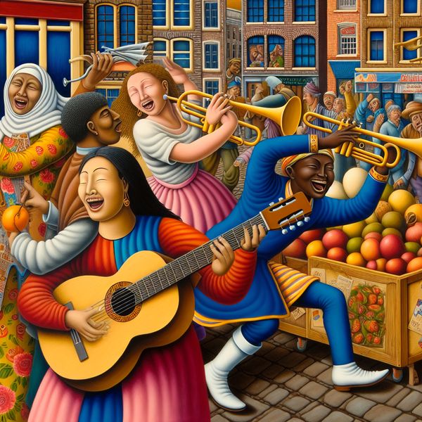 Diverse en levendige stadsbijeenkomst met muziek en cultuur Een levendige buitenbijeenkomst in een drukke stad met diverse mensen die samen genieten, muziekinstrumenten bespelend en vrolijk met elkaar communiceren.