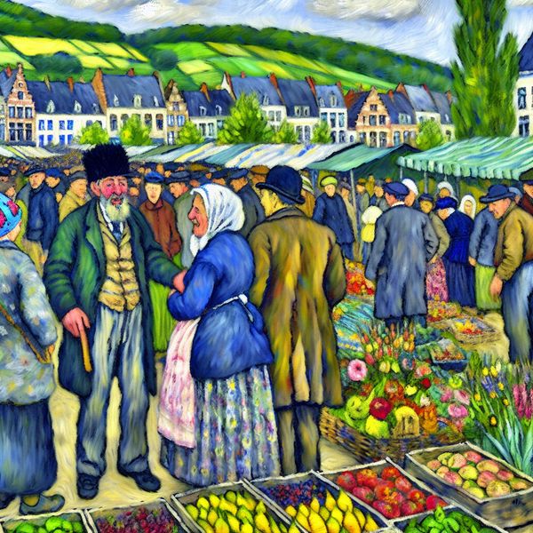 Levende Markt in Haspengouw - Dialect en Cultuur Een levendige buitenmarkt in Haspengouw met een vrolijk ouder echtpaar dat het lokale dialect spreekt, omringd door kleurrijke marktkramen.