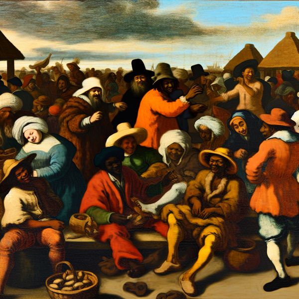 Druk outdoor evenement met mensen die in gesprek zijn en handelen op een markt onder een dynamische lucht van dag naar schemering.