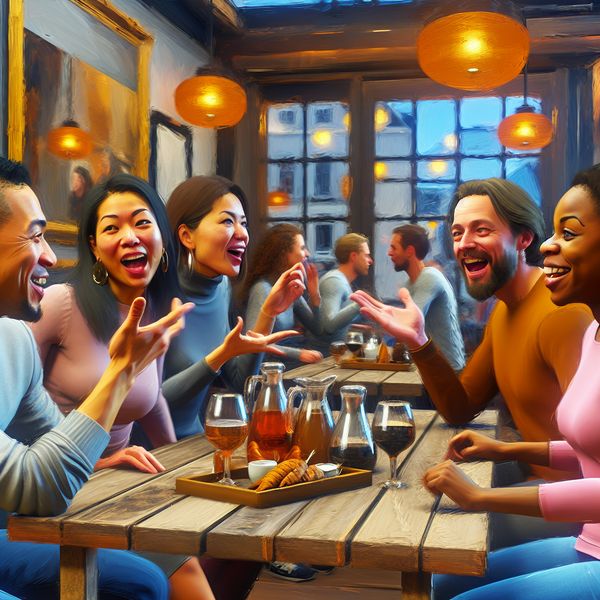Levendige café scène met vrienden in gesprek Groep vrienden in een café, levendig gesprek met blije gezichten en spontane gebaren.