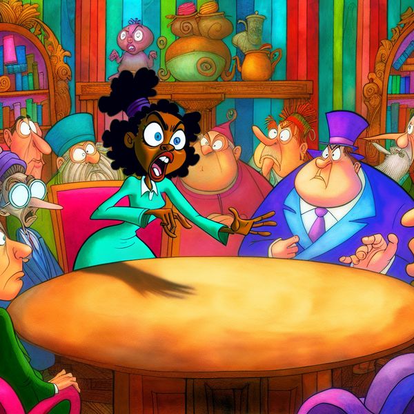Cartoon van een discussie met levendige personages Een levendige cartoon van een jonge vrouw die enthousiast spreekt tijdens een discussie aan een grote tafel met diverse personages, elk met verschillende uitdrukkingen.