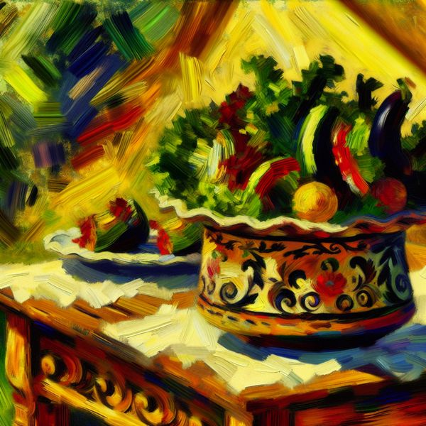 Levendige eetzaal met kleurrijke salade in Van Gogh-stijl Vibrante diningscene in de stijl van Van Gogh met een kleurrijke salade op een keramieken schaal op een rustieke houten tafel