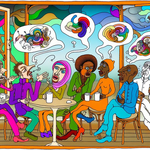 Levendige discussie in café over veranderingen Een cartoonachtige scène van een levendige discussie in een café met diverse karakters en uitdrukkingen van contemplatie en verrassing.