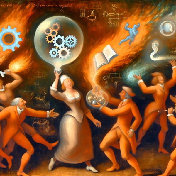 Diverse groep engageert in conceptuele discussie Een groep mensen van verschillende achtergronden in een levendige discussie, met een grote heldere bubbel vol symbolen zoals tandwielen, een boek en een plant, gesitueerd in een abstracte ruimte.