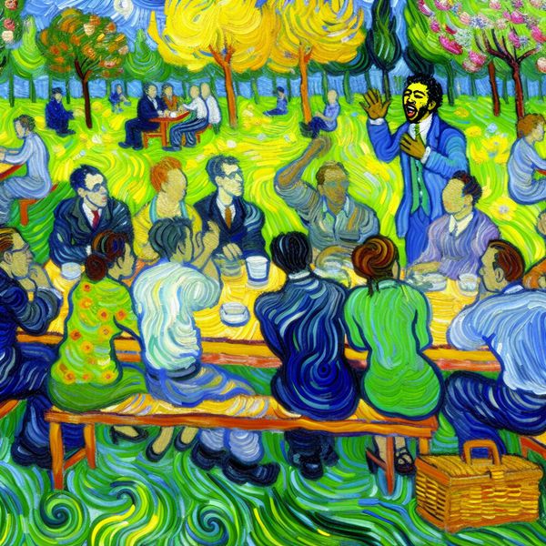 Luidsprekende discussie over milieu in het park Vibrant painting of diverse individuals in lively discussion about environmental issues in a sunny park