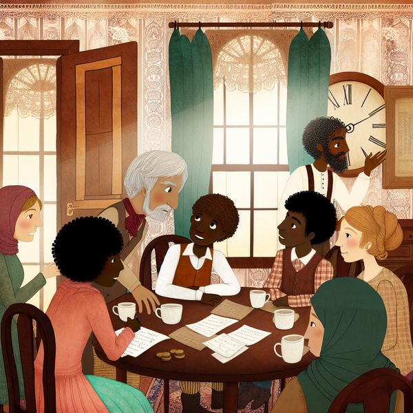 Levendige discussie in warme vergaderruimte Een speelse illustratie van een levendige discussie in een warme vergaderruimte met mensen van verschillende leeftijden die animated met elkaar praten.