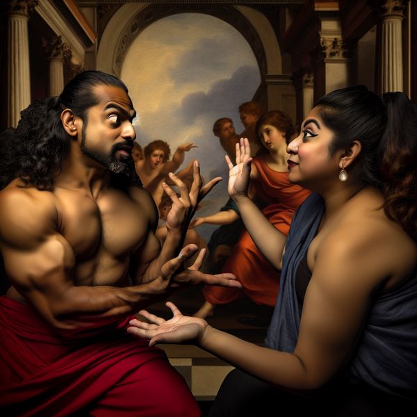 Levende discussie tussen twee personen in Barokstijl Twee mensen in een grandioze omgeving hebben een levendige discussie; een persoon gebaart uitdrukkelijk terwijl de ander aandachtig luistert.