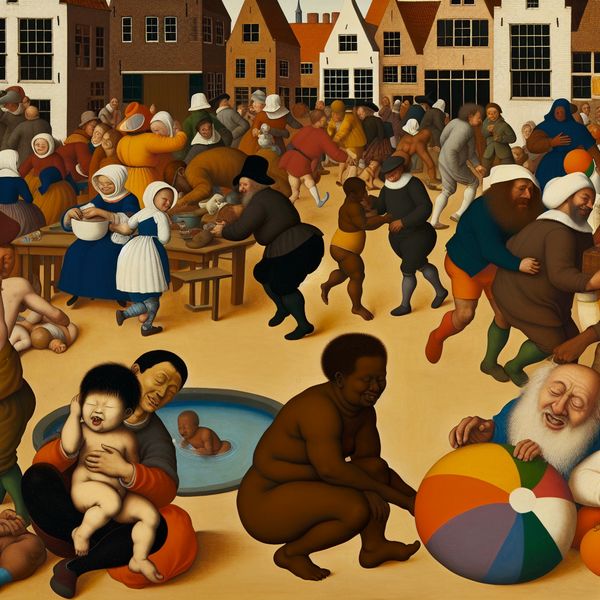 Levendige dorpsscène met voorbeelden van hard werken en plezier Lieve en humoristische scène met mensen die verschillende activiteiten uitvoeren op een druk dorpsplein.