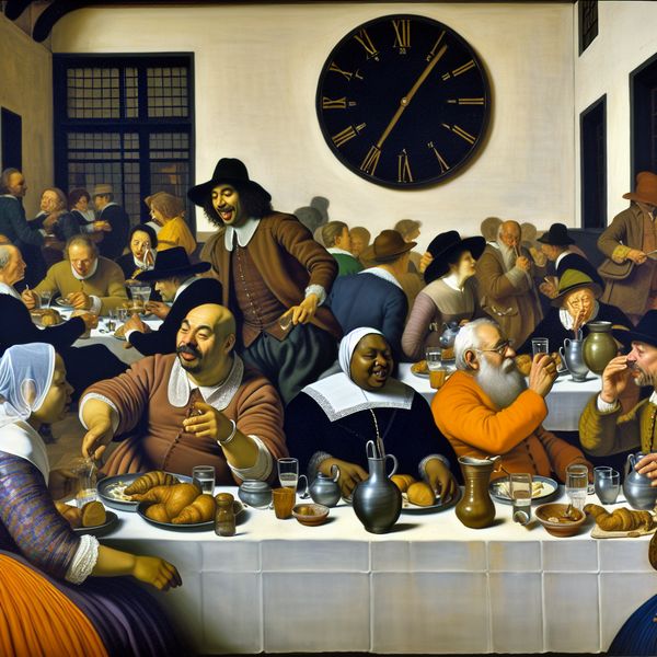 Leuke scène in eetzaal na een vergadering Een levendige en humoristische scène in een drukke eetzaal na een vergadering, met een diverse groep mensen die animated hun dag bespreken.