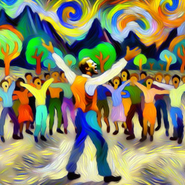 Vibrante abstracte afbeelding van een excursie en begeleiding in de natuur Abstracte weergave van een levendige excursie met een enthousiaste gids die een diverse groep deelnemers door een kleurrijk natuurlandschap leidt.