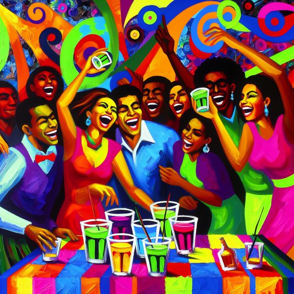 Vrolijke feestscène met vrienden en kleurrijke drankjes Groep vrienden die deelnemen aan een levendig drinkspel op een feestje, omringd door kleurrijke decoraties en abstracte vormen.