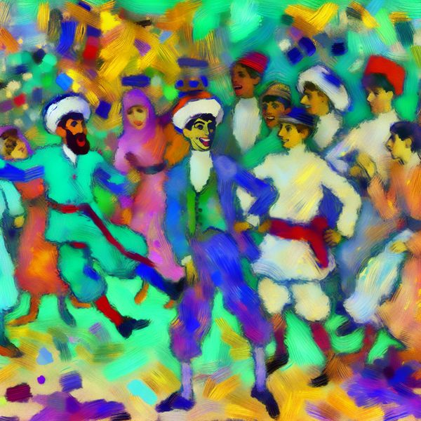 Levendige Feestsfeer Geïnspireerd door Karel Appel Abstract kleurrijke scène van een levendig feest met speelse karakters. Een personage met een blije uitdrukking vertoont geestige fratsen. Achtergrond vol gedurfde kleuren en energieke penseelstreken.