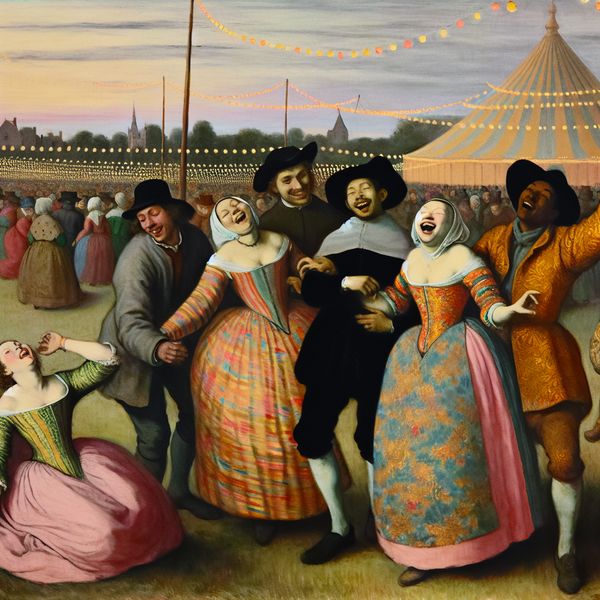 Vibrante Festival Sfeer met Vriendelijke Samenkomst Groep diverse vrienden die lachen en plezier beleven op een festival, met kleurrijke kleding en feestelijke decoraties op de achtergrond.