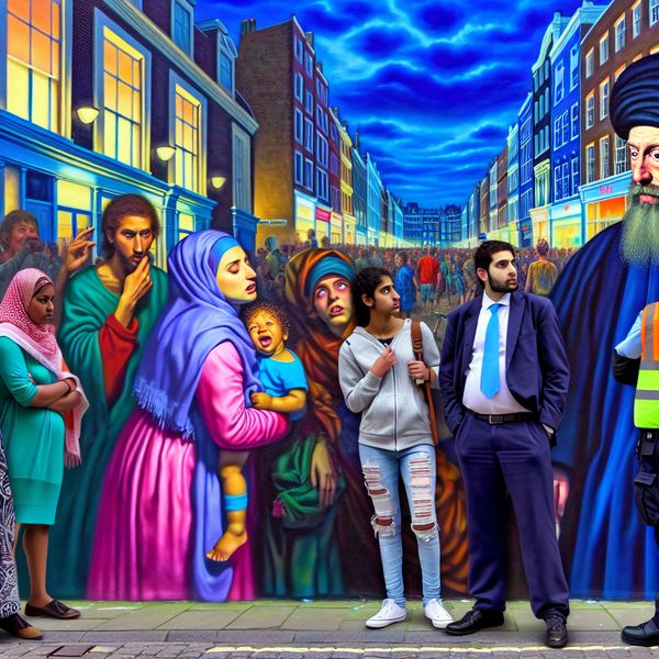 Drukke stedelijke scène met een kleurrijke graffiti-muur en mensen die er voorovergebogen van genieten, terwijl een beveiligingsagent toekijkt.